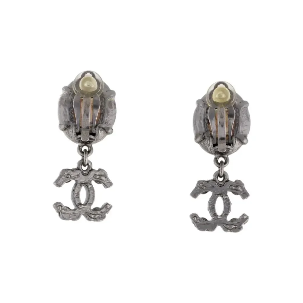 Chanel Resin Strass Silver-tone Interlocking CC Clip On Drop Earrings